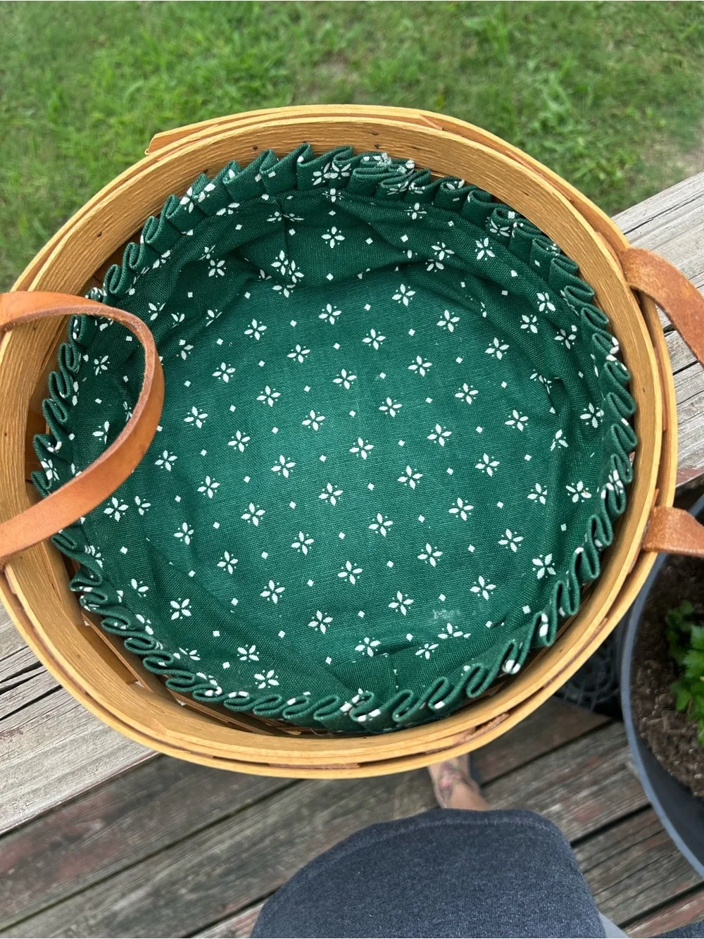Longaberger Woven Basket with Green Floral Liner and Brown Leather Handles